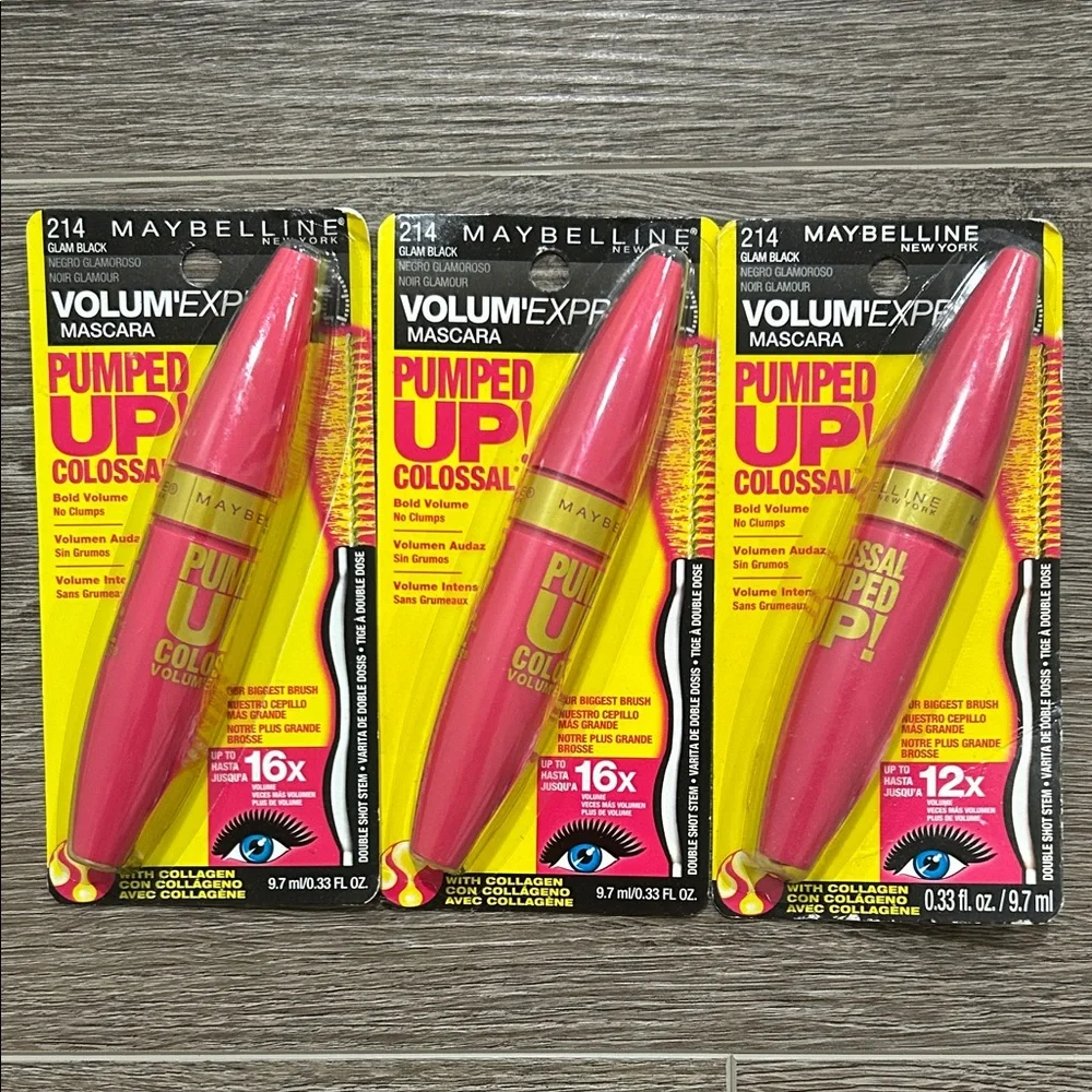 3X Maybelline Volum' Express Pumped Up Colossal Mascara #214 Glam Black